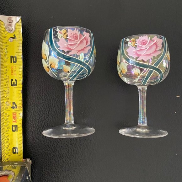 Wine Glass Small Hand Painted Rose and Buds Pink with Green 4.5" Set of Two - Picture 4 of 8